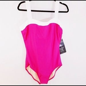 Pink and white trendy one piece bathing suit